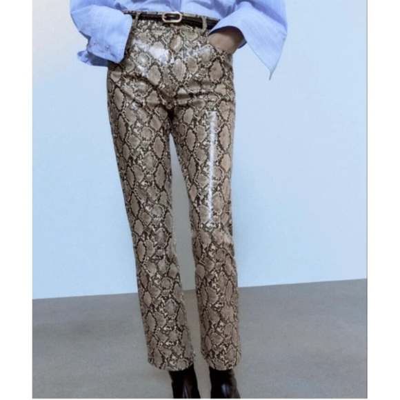 Zara Women's Size XL Faux Leather Snake Print Bloggers Fav Trouser Pants - Picture 2 of 14